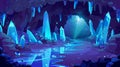 Dark cave with blue crystals. Modern illustration of a dark underground mine with mineral stones on the walls, puddles Royalty Free Stock Photo