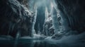 a dark cave with ice hanging from the ceiling and water flowing from the cave to the ground, with a waterfall in the middle of