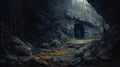 Dark Cave: A Realistic Yet Stylized Painting Of Fantastical Ruins