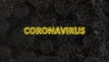 Dark CGI background with viruses. Animated word `coronavirus` in the middle.