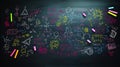 Dynamic chalkboard background with vibrant hand-drawn math formulas and scientific diagrams and chalk Royalty Free Stock Photo