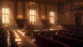 Dark chapel with illuminated altar, empty pew and wooden bench generated by AI