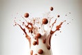 Dark chocolate balls falling on the milk and splashing on dark background. Food and dessert concept. Generative AI Royalty Free Stock Photo