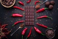 Dark chocolate bar, red hot chilli pepper cayenne, dry hot chili spices, cocoa beans nibs powder, food tasty design on black Royalty Free Stock Photo