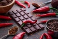 Dark chocolate bar, red hot chilli pepper cayenne, dry hot chili spices, cocoa beans nibs powder, food tasty design on black Royalty Free Stock Photo