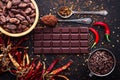 Dark chocolate bar, red hot chilli pepper cayenne, dry hot chili spices, cocoa beans nibs powder, food tasty design on black Royalty Free Stock Photo