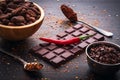 Dark chocolate bar, red hot chilli pepper cayenne, dry hot chili spices, cocoa beans nibs powder, food tasty design on black Royalty Free Stock Photo