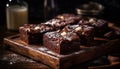 Dark chocolate brownie, a gourmet homemade dessert on a wooden table generated by AI