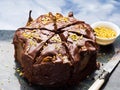 Dark Chocolate cake with pears and pistachio Royalty Free Stock Photo