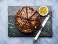 Dark Chocolate cake with pears and pistachio Royalty Free Stock Photo