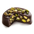 A dark chocolate candy with visible pistachio pieces inside, with a shiny outer shell and detailed