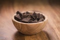 Dark chocolate chunks in wood bowl on table
