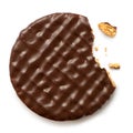 Dark chocolate coated digestive biscuit isolated on white. Partially eaten with crumbs. Top view