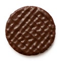 Dark chocolate coated digestive biscuit isolated on white. Top view