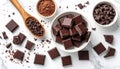Dark Chocolate, Cocoa Powder, and Chocolate Chips on a White Marble Surface squares pieces Royalty Free Stock Photo