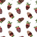 Dark chocolate covered strawberry seamless pattern. Strawberry in chocolate, sprinkle. Vector