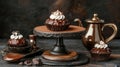 Dark chocolate cupcakes, cocoa dusting, cake stand, tea pot, dessert Royalty Free Stock Photo