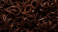 Dark chocolate curls background. Flat lay composition. Generative AI Royalty Free Stock Photo