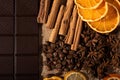 Dark chocolate, dried citrus fruit, cinnamon, star anise, coffee beans grouped together