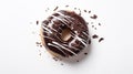 Dark chocolate glazed donut on white background, top view