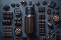 Dark chocolate pieces and beverage arranged on a dark surface Royalty Free Stock Photo
