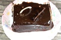 Dark chocolate and pieces of chocolate from a birthday cake of three different pieces spongy creamy cake for celebrations,