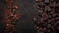 Dark chocolate pieces and cocoa beans on a textured black background Royalty Free Stock Photo