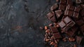 Dark chocolate pieces and cocoa beans on a textured black background Royalty Free Stock Photo