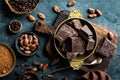 Dark chocolate pieces crushed and cocoa beans. Chocolate background Royalty Free Stock Photo