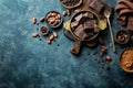 Dark chocolate pieces crushed and cocoa beans, culinary background Royalty Free Stock Photo