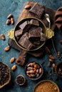 Dark chocolate pieces crushed and cocoa beans Royalty Free Stock Photo