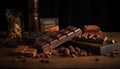 Dark chocolate stack, broken indulgence, gourmet addiction generated by AI