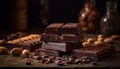 Dark chocolate stack broken on rustic table generated by AI