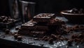 Dark chocolate stack broken on rustic table generated by AI