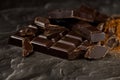 Dark chocolate stack, chips and powder Royalty Free Stock Photo