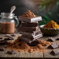 Dark chocolate stack, chips and powder Royalty Free Stock Photo