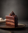 Dark chocolate truffle cake with creamy frosting decorated with chocolate on plate. Holiday baking elite pastry concept