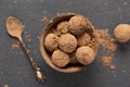 Dark chocolate truffles cocoa powder in a bowl of coconut shell, top view, close up Royalty Free Stock Photo