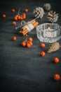 Dark Christmas background with candles and berries of mountain ash. White pine cones. Branches acorns. Royalty Free Stock Photo