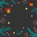 Dark Christmas background, Christmas tree with decorations, toys and gifts, white background under the text - Vector Royalty Free Stock Photo