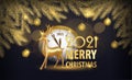 Dark Christmas background with Golden fir branches and balloons on the background. Golden deer with the inscription 2021, merry Royalty Free Stock Photo