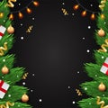 Dark Christmas background, Christmas tree with decorations, toys and gifts, white background under the text Royalty Free Stock Photo