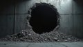 Dark circular breach in concrete wall stark interior space. Debris accumulates around hole creating dramatic visual effect. Scene Royalty Free Stock Photo