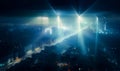 Dark city panorama with powerful projectors sending light up and down. Night cityscape from top view. Generative AI Royalty Free Stock Photo