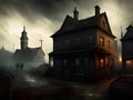 dark city street with buildings in night fog, old town. halloween concept, Ai Generated