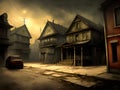 dark city street with buildings in night fog, old town. halloween concept, Ai Generated