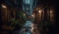 Dark city street illuminated by old lanterns generated by AI Royalty Free Stock Photo