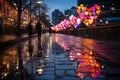 A dark city street with vibrant and colorful big heart decorations and couples walking. Valentine time. Love. copy space