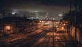 Dark cityscape illuminated by street lights, transportation speeding through the night generated by AI