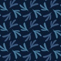 Dark classic blue simple swirl leaf grid vector texture seamless pattern. Variegated soft blended geo dyed background